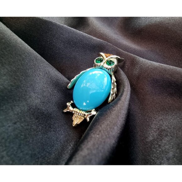 Vintage Blue Cabochon Green Eyes Citrine Rhinestones Gold Toned Owl Animal Brooc - Picture 3 of 6
